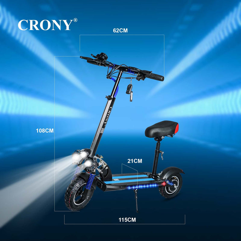 CRONY V10 Electric Scooter 1200W Motor 48V/12AH Battery 20-40KM Range Disc Brakes Front/Rear Suspension 10” Off-Road Tires