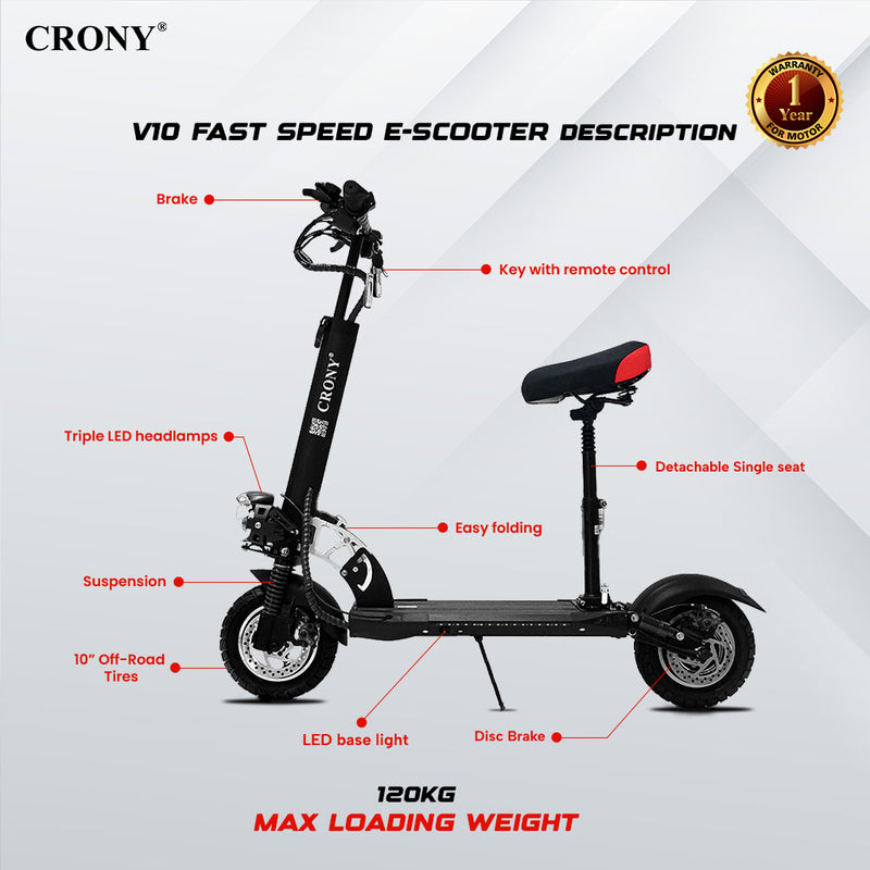 CRONY V10 Black Fast Speed Electric Scooter 1200W Motor, 48V Battery, Top Speed 45-68Km/h, Range 20-40Km, Triple LED Headlamps, Base LED Lights, 10 Inch Tyres