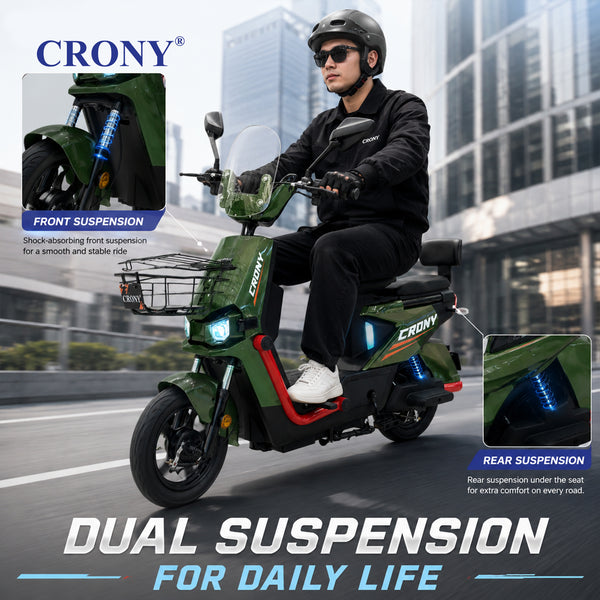CRONY T10 Tank Electric Scooter, Green, 800W Motor, 48V 20Ah Detachable Battery, 40–60 km/h Top Speed, 40–50 km Range, Dual Seat, Front & Rear Suspension, LCD Display, Front Basket & Bluetooth Speaker