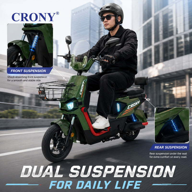 CRONY T10 Tank Electric Scooter, Green, 800W Motor, 48V 20Ah Detachable Battery, 40–60 km/h Top Speed, 40–50 km Range, Dual Seat, Front & Rear Suspension, LCD Display, Front Basket & Bluetooth Speaker