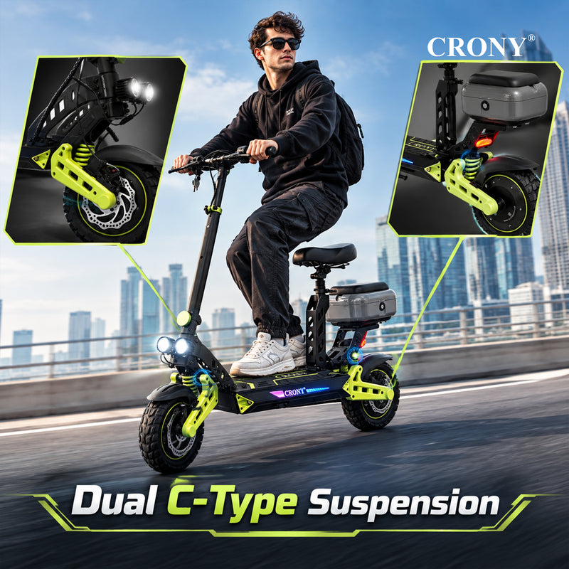 CRONY D2 Dual Motor Electric Scooter with Seat, 4000W (2000W x2), 48V 18.2Ah Battery, 45-60KM Range, Up to 70KM/H, 10-Inch Tires, Front & Rear Suspension, Disc Brakes, LED Lights, Bluetooth APP, Green