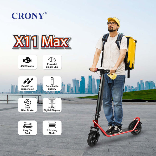 CRONY X11 Max Electric Scooter Red Color, 450W Powerful Motor, 36V 13Ah Detachable Battery, 40-60KM Range, 40-80KM/H Speed, Front Suspension, LED Display, APP Connectivity, Foldable Design, 1 Year Motor Warranty