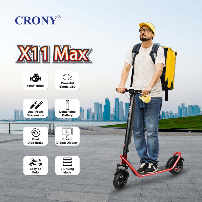 CRONY X11 Max Electric Scooter Red Color, 450W Powerful Motor, 36V 13Ah Detachable Battery, 40-60KM Range, 40-80KM/H Speed, Front Suspension, LED Display, APP Connectivity, Foldable Design, 1 Year Motor Warranty