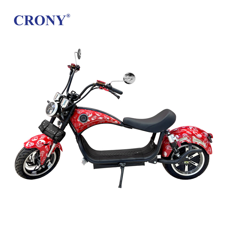 CRONY X1 Electric Motorcycle, 3000W Motor, 60V 12Ah Battery, 60-80KM/H Max Speed, 25-35KM Range, Front & Rear Disc Brakes, Front & Rear Suspension, LCD Display, LED Lights, Bluetooth Speaker, Mobile Phone Holder, Harley Bag, Red Skull
