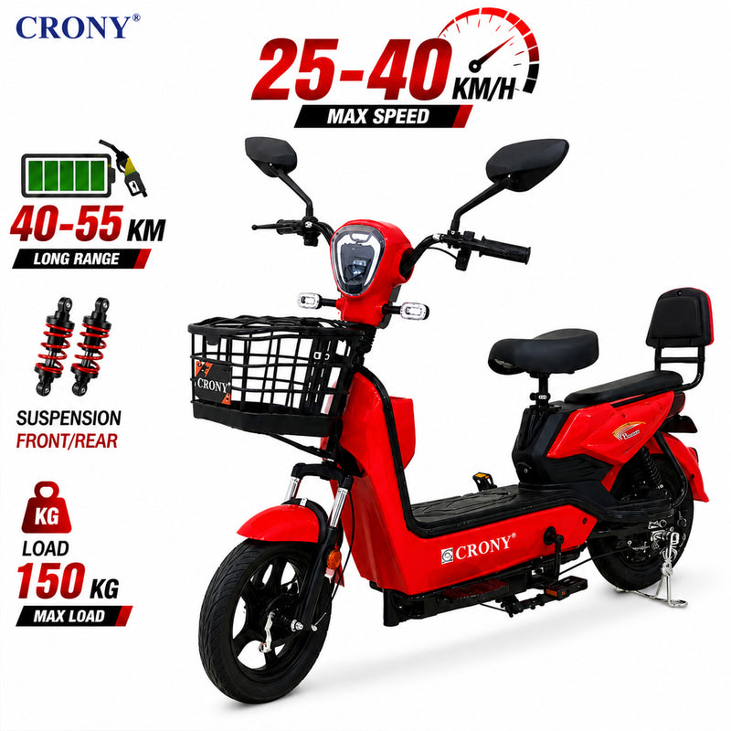CRONY W8 Golden Eagle Electric Bike, Red, 350W Rear Hub Motor, 48V 12Ah/20Ah Battery, 40 km/h Top Speed, 31–60 km Range, 14-Inch Wheels, 3-Speed, Front Drum & Rear Locking Brake, Long-Range Electric City Bike