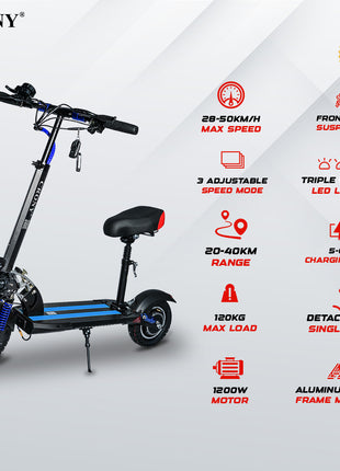 CRONY V10 Blue Fast Speed Electric Scooter 1200W Motor, 48V Battery, Top Speed 68Km/h, Range 20-40Km, Triple LED Headlamps, Base LED Lights, 10 Inch Tyres