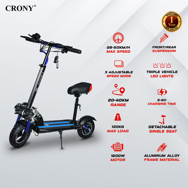 CRONY V10 Blue Fast Speed Electric Scooter 1200W Motor, 48V Battery, Top Speed 68Km/h, Range 20-40Km, Triple LED Headlamps, Base LED Lights, 10 Inch Tyres