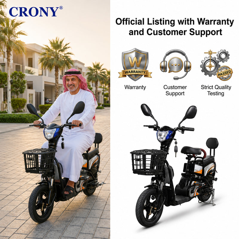 CRONY W6 Electric Bike, Black, 500W Rear Hub Motor, 48V Battery, 14-Inch Wheels, 3-Speed Electric City Bike, 31–70 km Range, Electric Scooter Motorcycle
