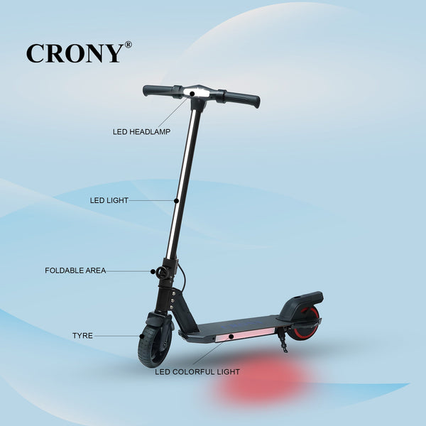 CRONY S32 Kids Foldable E-Scooter with LED Light Bar RGB Deck Lights & LED Display & E-Brake and E-Accelerator & Extended Footrest Supports Up to 100KG