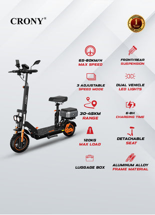 CRONY M5 Pro High-Speed Electric Scooter Up to 80 km/h, 10-Inch Wide Tires, Mobile Phone Holder, Bluetooth Speaker, Rear Luggage Box, Rearview Mirrors, Dual LED Headlamps, IPX4 Waterproof, App Connectivity