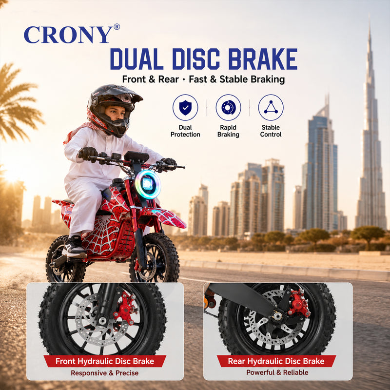 CRONY-09 Spider Red Electric Dirt Bike 350W Motor, 36V 12Ah Battery, 14 Inch Off-Road Tires, Up to 36KM/H Speed, LCD Display, LED Headlight, Bluetooth Speaker, Electric Motorcycle for Outdoor Riding, Durable Design, 1 Year Motor Warranty