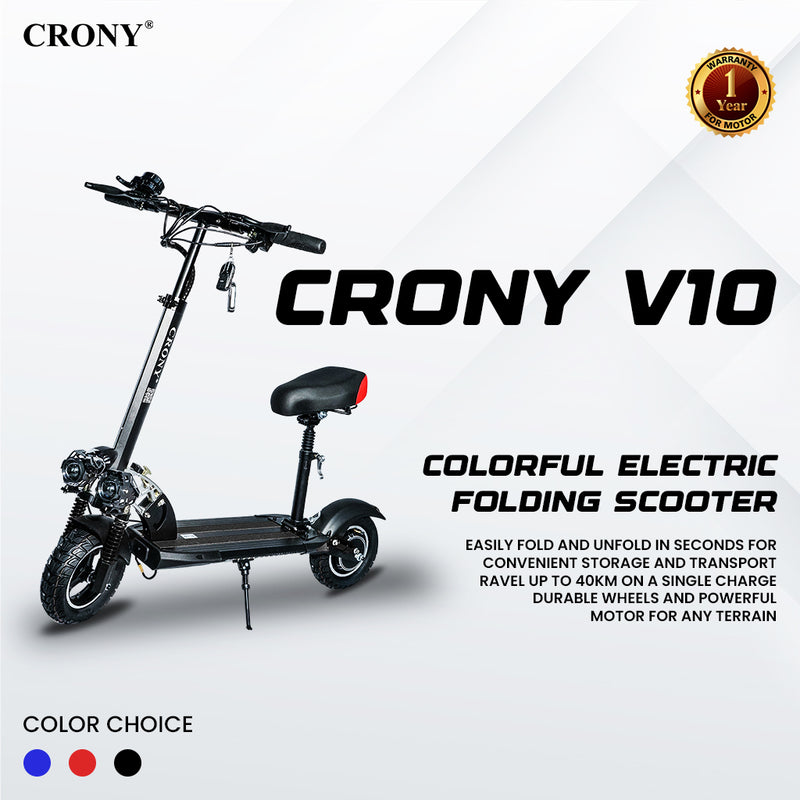 CRONY V10 Black Fast Speed Electric Scooter 1200W Motor, 48V Battery, Top Speed 45-68Km/h, Range 20-40Km, Triple LED Headlamps, Base LED Lights, 10 Inch Tyres
