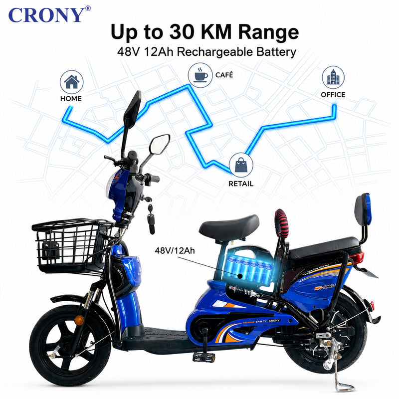 CRONY W6 Electric Bike, Blue, 500W Rear Hub Motor, 48V Battery, 14-Inch Wheels, 3-Speed Electric City Bike, 31–70 km Range, Electric Scooter Motorcycle