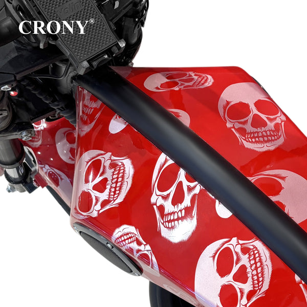 CRONY X1 Electric Motorcycle, 3000W Motor, 60V 12Ah Battery, 60-80KM/H Max Speed, 25-35KM Range, Front & Rear Disc Brakes, Front & Rear Suspension, LCD Display, LED Lights, Bluetooth Speaker, Mobile Phone Holder, Harley Bag, Red Skull
