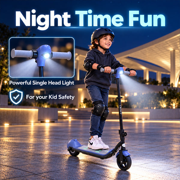 CRONY E68 Electric Scooter for Kids, 110W Motor, 10–16 KM/H Top Speed, 24V 2.5Ah Battery, 5–8 KM Range, 6.5-Inch Tires, Easy Folding, Adjustable Handlebar, LED Headlight & Rear Wheel Light, Bluetooth Speaker, Blue