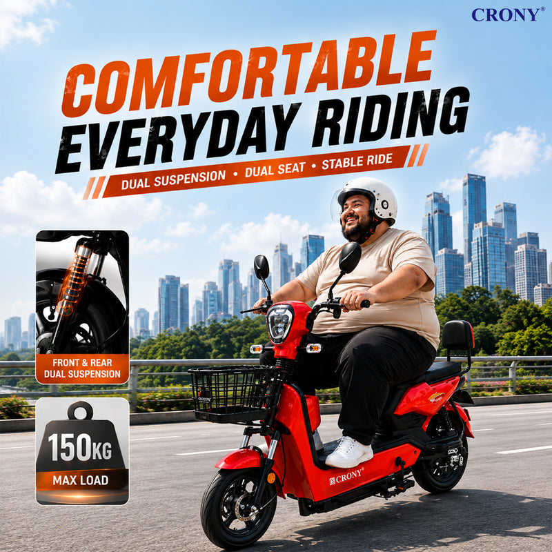 CRONY W8 Golden Eagle Electric Bike, Red, 350W Rear Hub Motor, 48V 12Ah/20Ah Battery, 40 km/h Top Speed, 31–60 km Range, 14-Inch Wheels, 3-Speed, Front Drum & Rear Locking Brake, Long-Range Electric City Bike