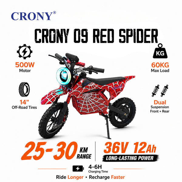 CRONY-09 Spider Red Electric Dirt Bike 350W Motor, 36V 12Ah Battery, 14 Inch Off-Road Tires, Up to 36KM/H Speed, LCD Display, LED Headlight, Bluetooth Speaker, Electric Motorcycle for Outdoor Riding, Durable Design, 1 Year Motor Warranty