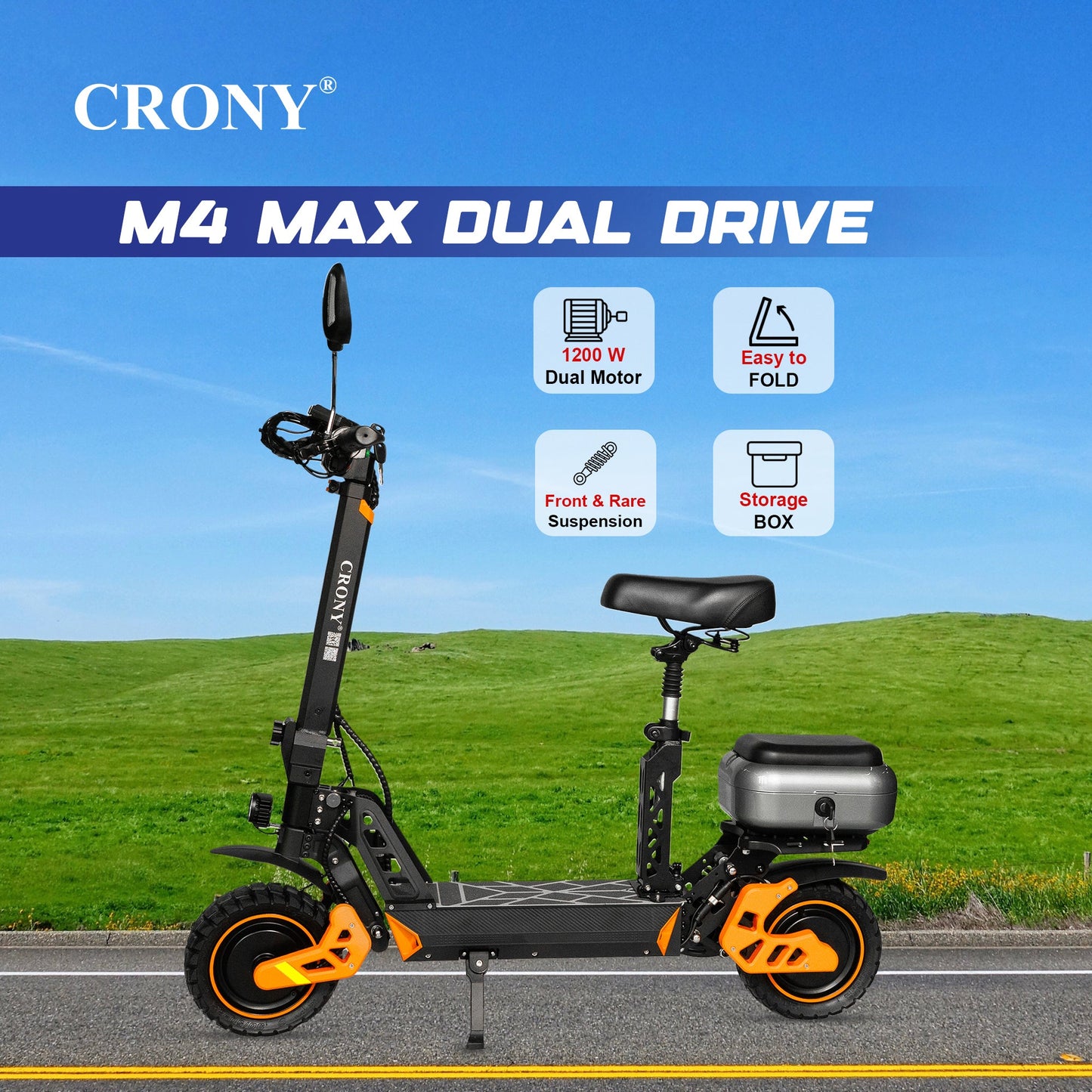 CRONY M4 Max Dual Drive Electric Scooter 1200Wx2 Motors 48V/20AH Battery 35-50KM Range Disc Brakes Front/Rear Suspension