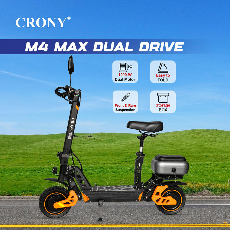 CRONY M4 Max Dual Drive Electric Scooter 1200Wx2 Motors 48V/20AH Battery 35-50KM Range Disc Brakes Front/Rear Suspension
