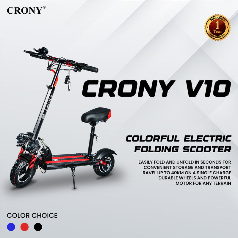 CRONY V10 Red Fast Speed Electric Scooter 1200W Motor, 48V Battery, Top Speed 68Km/h, Range 20-40Km, Triple LED Headlamps, Base LED Lights, 10 Inch Tyres