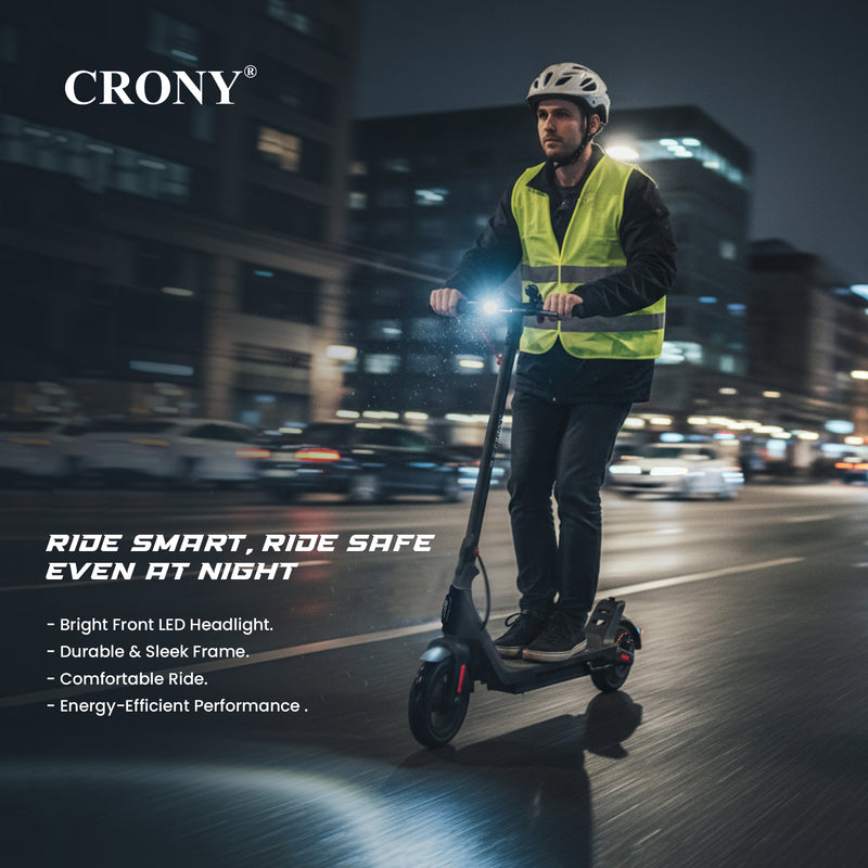 CRONY Generation Electric Scooter 350W Motor, 36V 7.8Ah Battery, 15-20KM Range, 25-45KM/H Speed, Front Disc Brake, LCD Display, APP Connectivity, LED Headlamp, 3 Speed Modes, Easy Folding Design, Aluminum Alloy Frame, 1 Year Motor Warranty