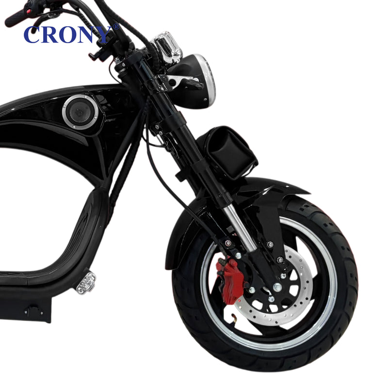 CRONY X1 Electric Motorcycle, 3000W Motor, 60V 12Ah Battery, 60-80KM/H Max Speed, 25-35KM Range, Front & Rear Disc Brakes, Front & Rear Suspension, LCD Display, LED Lights, Bluetooth Speaker, Mobile Phone Holder, Harley Bag, Black