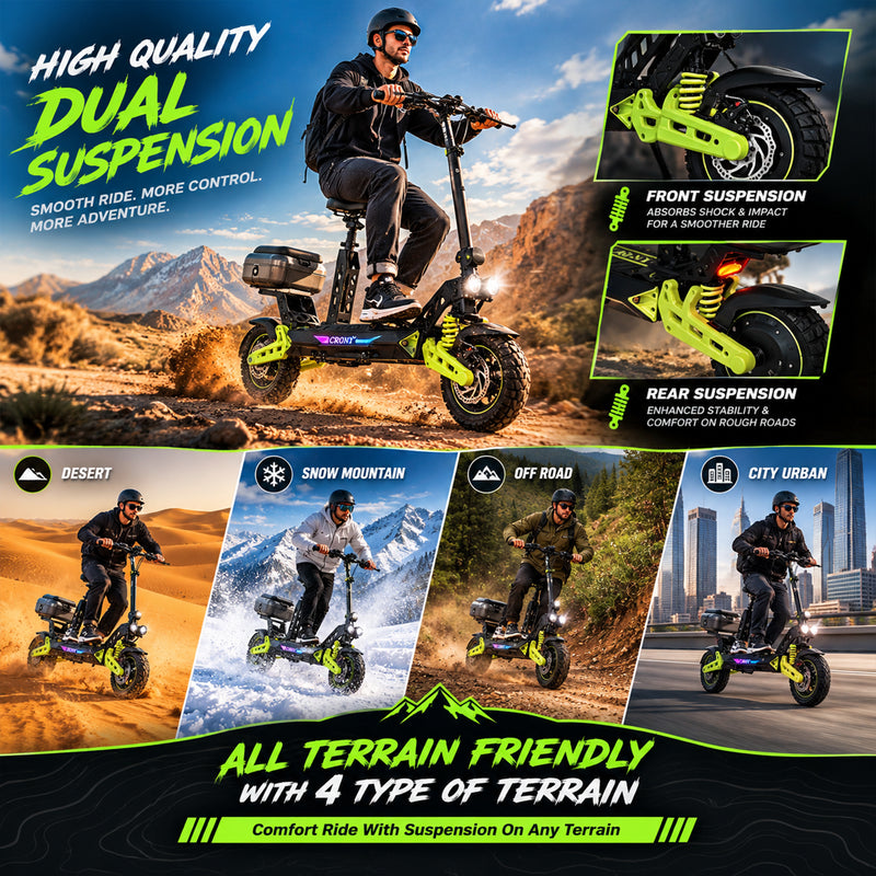 CRONY D2 Dual Motor Electric Scooter with Seat, 4000W (2000W x2), 48V 18.2Ah Battery, 45-60KM Range, Up to 70KM/H, 10-Inch Tires, Front & Rear Suspension, Disc Brakes, LED Lights, Bluetooth APP, Green