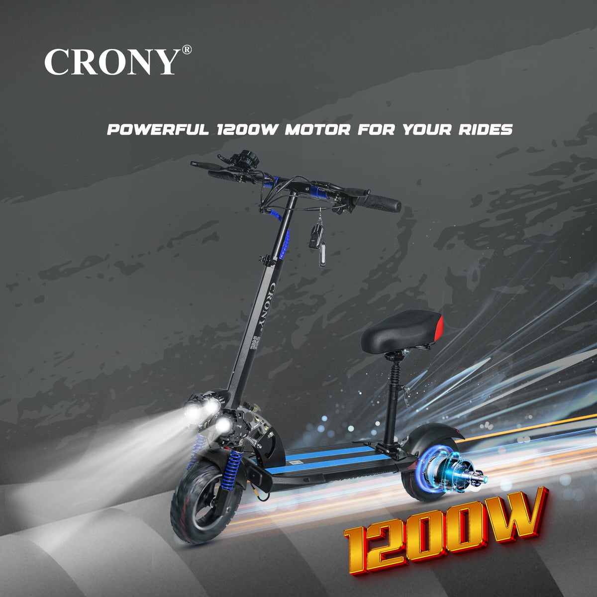CRONY V10 Electric Scooter 1200W Motor 48V/12AH Battery 20-40KM Range Disc Brakes Front/Rear Suspension 10” Off-Road Tires