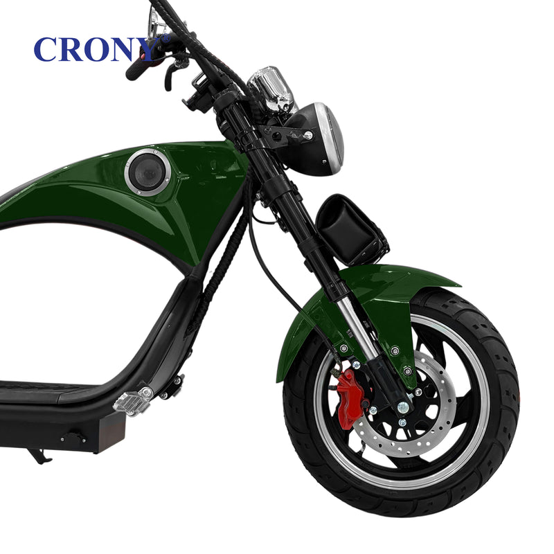 CRONY X1 Electric Motorcycle, 3000W Motor, 60V 12Ah Battery, 60-80KM/H Max Speed, 25-35KM Range, Front & Rear Disc Brakes, Front & Rear Suspension, LCD Display, LED Lights, Bluetooth Speaker, Mobile Phone Holder, Harley Bag, Green