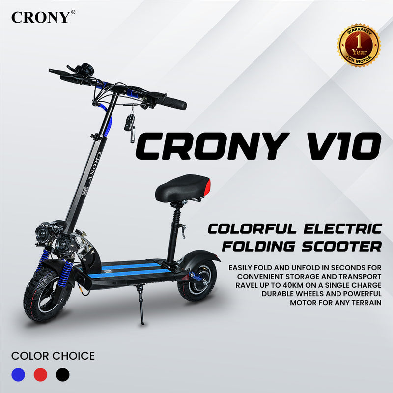 CRONY V10 Blue Fast Speed Electric Scooter 1200W Motor, 48V Battery, Top Speed 68Km/h, Range 20-40Km, Triple LED Headlamps, Base LED Lights, 10 Inch Tyres