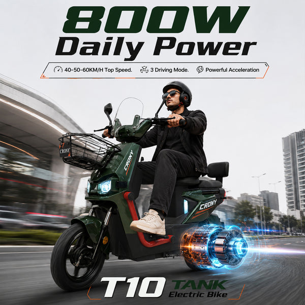 CRONY T10 Tank Electric Scooter, Green, 800W Motor, 48V 20Ah Detachable Battery, 40–60 km/h Top Speed, 40–50 km Range, Dual Seat, Front & Rear Suspension, LCD Display, Front Basket & Bluetooth Speaker