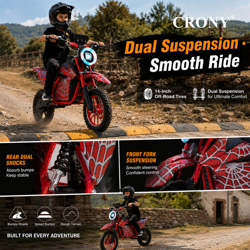 CRONY-09 Spider Red Electric Dirt Bike 350W Motor, 36V 12Ah Battery, 14 Inch Off-Road Tires, Up to 36KM/H Speed, LCD Display, LED Headlight, Bluetooth Speaker, Electric Motorcycle for Outdoor Riding, Durable Design, 1 Year Motor Warranty