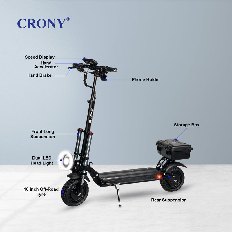 The CRONY V18 is a high-performance electric scooter powered by dual 1500W motors, delivering strong acceleration and smooth riding with speeds up to 40 KM/H. Equipped with a 48V 18AH battery, it offers a travel range of 30–60 KM on a single charge.