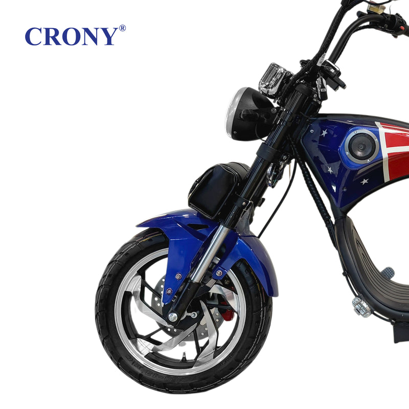 CRONY X1 Electric Motorcycle, 3000W Motor, 60V 12Ah Battery, 60-80KM/H Max Speed, 25-35KM Range, Front & Rear Disc Brakes, Front & Rear Suspension, LCD Display, LED Lights, Bluetooth Speaker, Mobile Phone Holder, Harley Bag, World