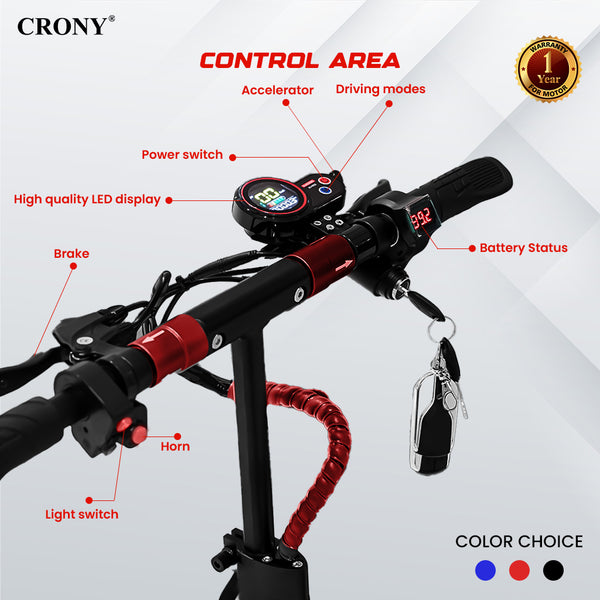CRONY V10 Red Fast Speed Electric Scooter 1200W Motor, 48V Battery, Top Speed 68Km/h, Range 20-40Km, Triple LED Headlamps, Base LED Lights, 10 Inch Tyres