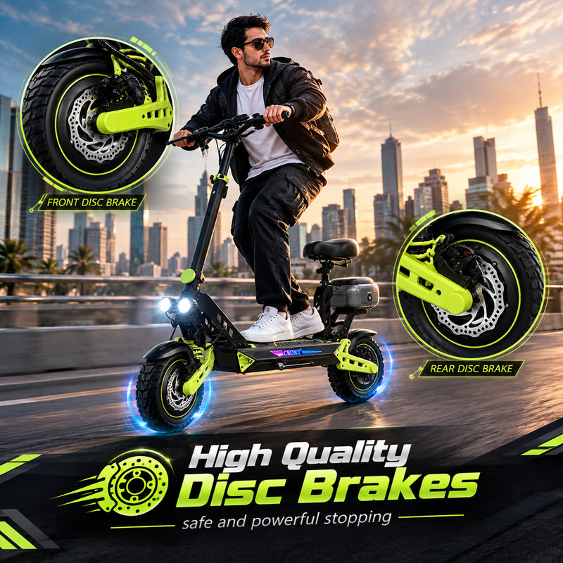 CRONY D2 Dual Motor Electric Scooter with Seat, 4000W (2000W x2), 48V 18.2Ah Battery, 45-60KM Range, Up to 70KM/H, 10-Inch Tires, Front & Rear Suspension, Disc Brakes, LED Lights, Bluetooth APP, Green