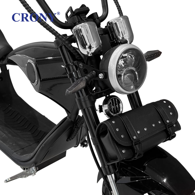 CRONY X1 Electric Motorcycle, 3000W Motor, 60V 12Ah Battery, 60-80KM/H Max Speed, 25-35KM Range, Front & Rear Disc Brakes, Front & Rear Suspension, LCD Display, LED Lights, Bluetooth Speaker, Mobile Phone Holder, Harley Bag, Black