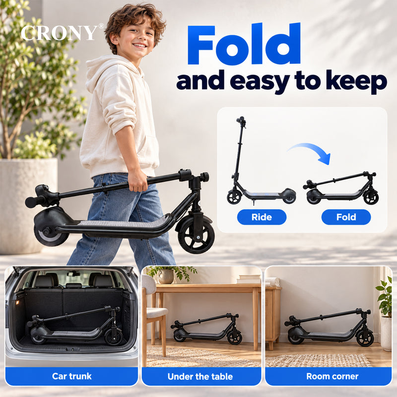 CRONY E68 Electric Scooter for Kids, 110W Motor, 10–16 KM/H Top Speed, 24V 2.5Ah Battery, 5–8 KM Range, 6.5-Inch Tires, Easy Folding, Adjustable Handlebar, LED Headlight & Rear Wheel Light, Bluetooth Speaker, Black**
