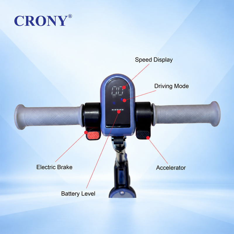CRONY E68 Electric Scooter for Kids, 110W Motor, 10–16 KM/H Top Speed, 24V 2.5Ah Battery, 5–8 KM Range, 6.5-Inch Tires, Easy Folding, Adjustable Handlebar, LED Headlight & Rear Wheel Light, Bluetooth Speaker, Blue