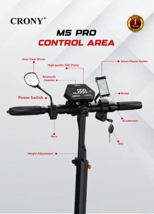 CRONY M5 Pro High-Speed Electric Scooter Up to 80 km/h, 10-Inch Wide Tires, Mobile Phone Holder, Bluetooth Speaker, Rear Luggage Box, Rearview Mirrors, Dual LED Headlamps, IPX4 Waterproof, App Connectivity