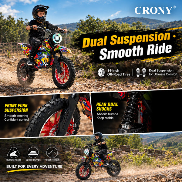 CRONY-09 Street Dance Electric Dirt Bike 350W Motor, 36V 12Ah Battery, 14 Inch Off-Road Tires, Up to 36KM/H Speed, LCD Display, LED Headlight, Bluetooth Speaker, Electric Motorcycle for Outdoor Riding, Durable Design, 1 Year Motor Warranty