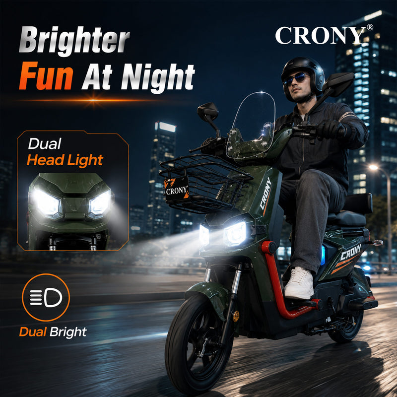 CRONY T10 Tank Electric Scooter, Green, 800W Motor, 48V 20Ah Detachable Battery, 40–60 km/h Top Speed, 40–50 km Range, Dual Seat, Front & Rear Suspension, LCD Display, Front Basket & Bluetooth Speaker