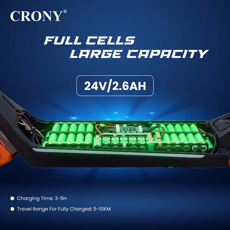 CRONY E72 Dual-Shock Electric Scooter for Kids, Orange, 150W Motor, 24V 2.6Ah Battery, 8-12KM/H Speed, 5-10KM Range, Front & Rear Suspension, LED Display, Easy Folding, 1 Year Motor Warranty