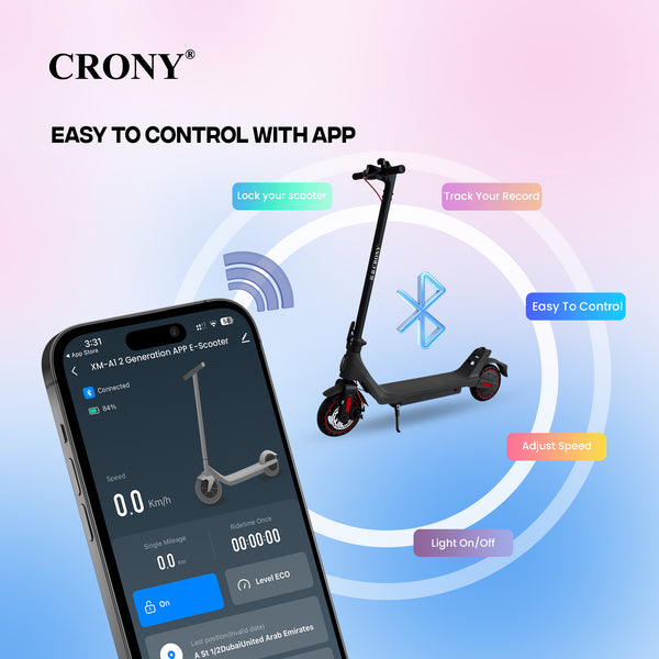 CRONY Generation Electric Scooter 350W Motor, 36V 7.8Ah Battery, 15-20KM Range, 25-45KM/H Speed, Front Disc Brake, LCD Display, APP Connectivity, LED Headlamp, 3 Speed Modes, Easy Folding Design, Aluminum Alloy Frame, 1 Year Motor Warranty