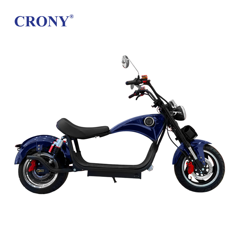 CRONY X1 Electric Motorcycle, 3000W Motor, 60V 12Ah Battery, 60-80KM/H Max Speed, 25-35KM Range, Front & Rear Disc Brakes, Front & Rear Suspension, LCD Display, LED Lights, Bluetooth Speaker, Mobile Phone Holder, Harley Bag, Blue