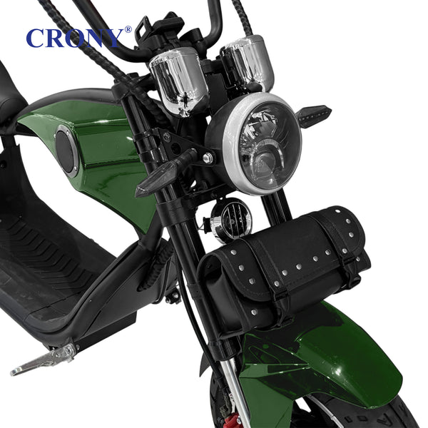 CRONY X1 Electric Motorcycle, 3000W Motor, 60V 12Ah Battery, 60-80KM/H Max Speed, 25-35KM Range, Front & Rear Disc Brakes, Front & Rear Suspension, LCD Display, LED Lights, Bluetooth Speaker, Mobile Phone Holder, Harley Bag, Green