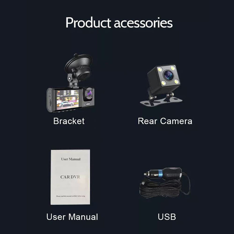 S11 Three-Camera 1920*1080 pushbutton dashcam 1080P DVR Dashcam Front Indoor and Rear View Camera Driving Recorder