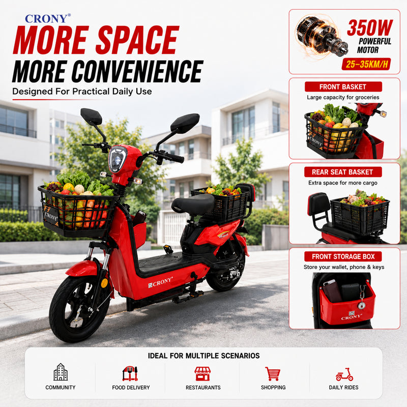 CRONY W8 Golden Eagle Electric Bike, Red, 350W Rear Hub Motor, 48V 12Ah/20Ah Battery, 40 km/h Top Speed, 31–60 km Range, 14-Inch Wheels, 3-Speed, Front Drum & Rear Locking Brake, Long-Range Electric City Bike