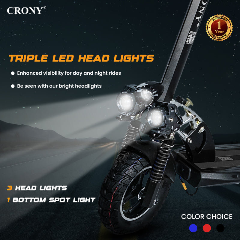 CRONY V10 Black Fast Speed Electric Scooter 1200W Motor, 48V Battery, Top Speed 45-68Km/h, Range 20-40Km, Triple LED Headlamps, Base LED Lights, 10 Inch Tyres