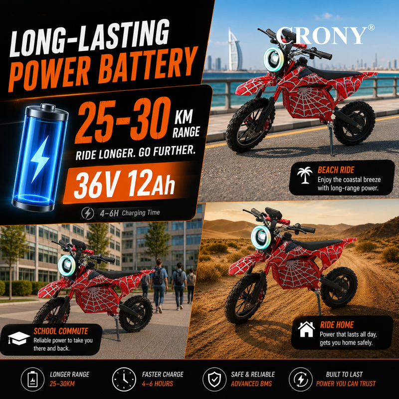 CRONY-09 Spider Red Electric Dirt Bike 350W Motor, 36V 12Ah Battery, 14 Inch Off-Road Tires, Up to 36KM/H Speed, LCD Display, LED Headlight, Bluetooth Speaker, Electric Motorcycle for Outdoor Riding, Durable Design, 1 Year Motor Warranty